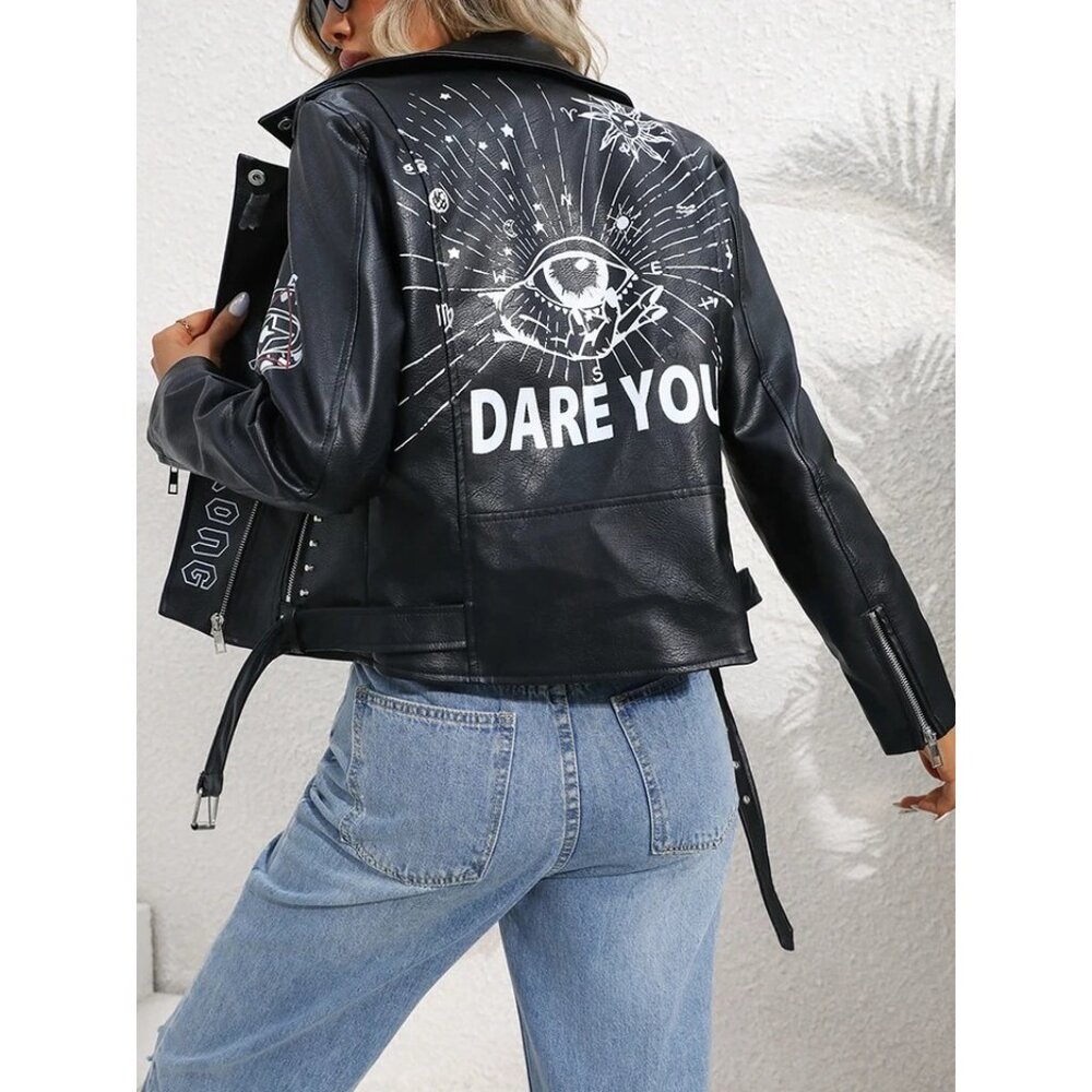 BLUE B Black Vegan Leather Graffiti Punk Moto Jacket w/Studded Accents Size S - Picture 5 of 13